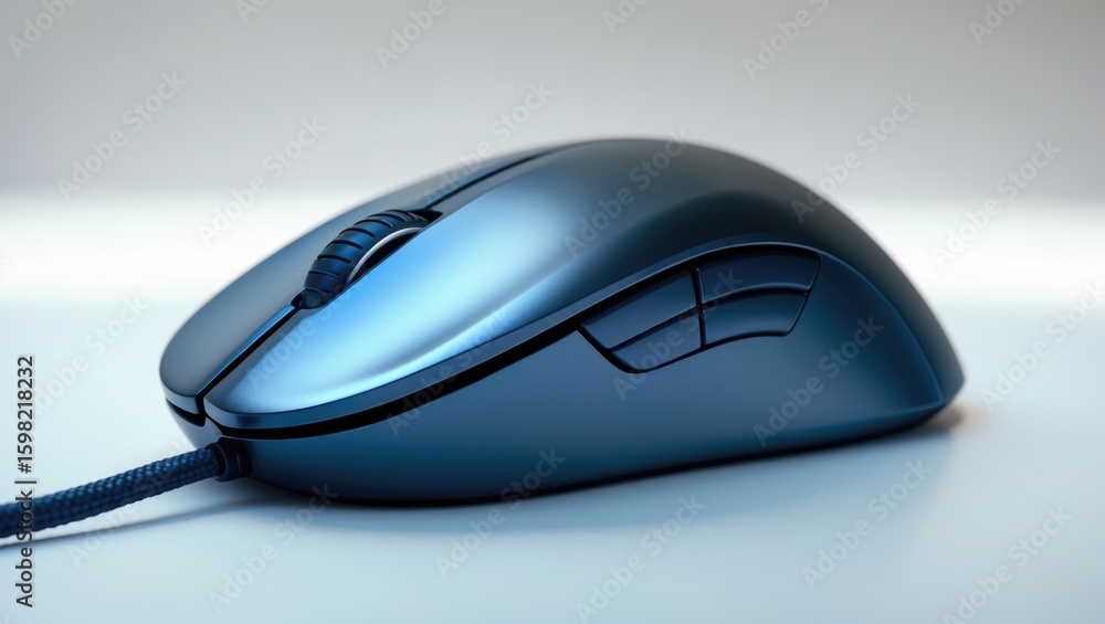 Poster a computer mouse with a wired connection, sleek design, and ergonomic features.