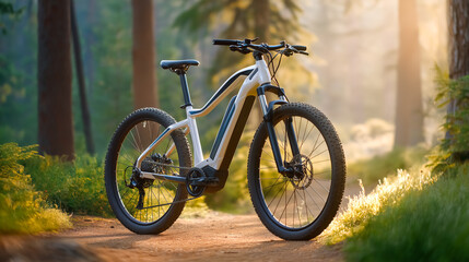 Mountain bike rests on forest path with golden sunlight filtering through tree branches. Serene woodland setting with lush greenery. Concept of outdoor adventure, cycling, eco-friendly travel