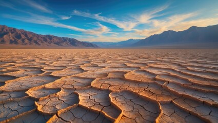 Fototapeta premium Dry desert landscape with cracked earth, mountains in the background, and a blue sky with clouds.