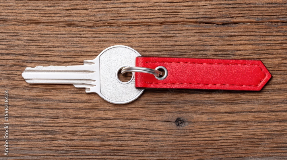Poster key with red tag on wooden background for security concepts