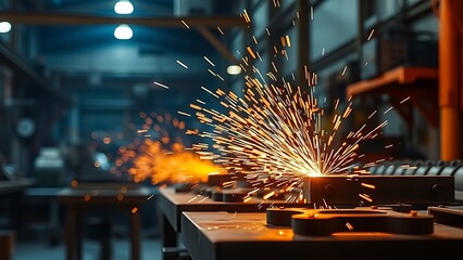 A close-up of a metal workshop with glowing sparks and dramatic lighting.