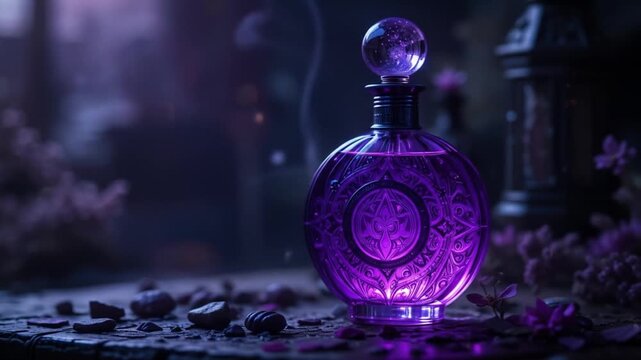 Mystical purple elixir bottle with intricate design and ambient lighting, dark scene