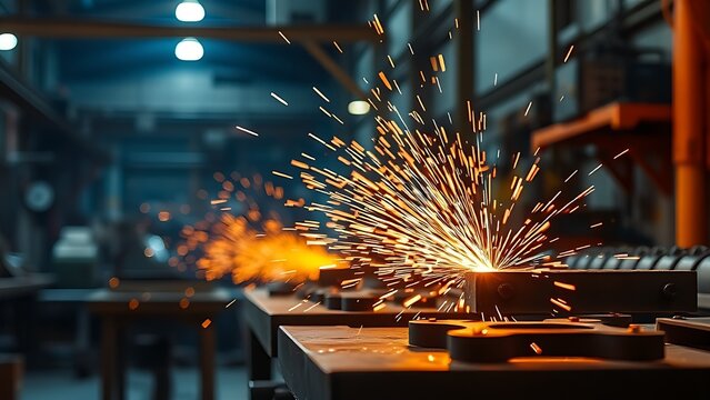 A close-up of a metal workshop with glowing sparks and dramatic lighting.