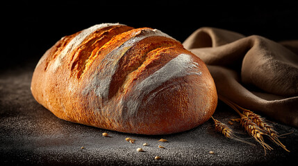 Artisan Loaf of Bread with Golden Crust – Rustic Bakery Style on Dark Background