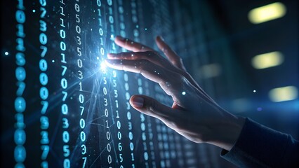Close up of a person s hands interacting with a glowing digital interface displaying streams of binary code