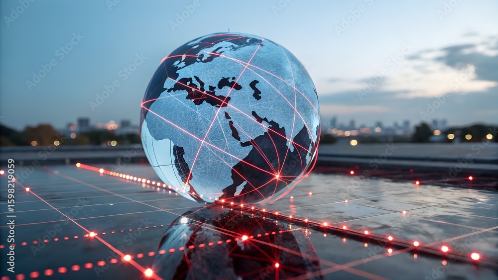 Aufkleber glowing digital globe with illuminated network lines reflecting on water at dusk with city skyline b