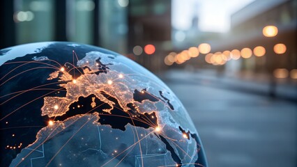 Glowing earth with illuminated cities and blurred urban street at dusk symbolizing global connectivity and technology