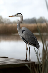 Naklejka premium Heron standing gracefully in nature with feathers and wetland backdrop