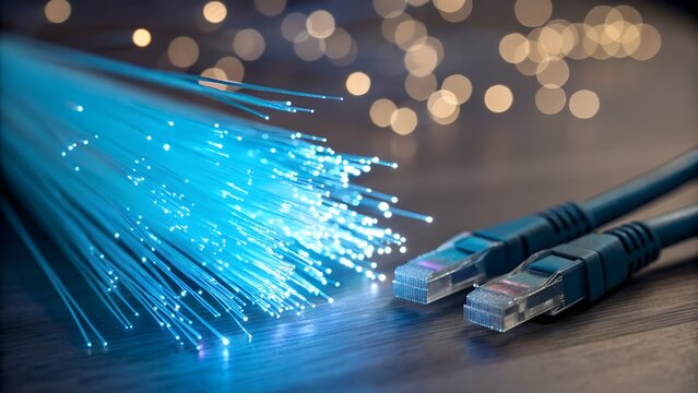 Bright blue glowing fiber optic cables connected to network ethernet plugs on a dark textured background with bokeh lights - Powered by Adobe