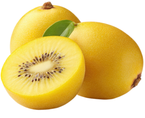 Two golden kiwis, one halved,  displaying a bright yellow flesh and dark seeds.  Fresh, ripe fruit