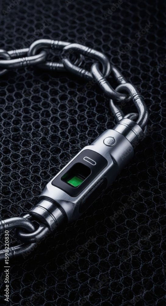 Aufkleber close up of a fingerprint scanner lock connected to a metal chain on a dark textured background. sec