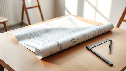 Architectural blueprint on drafting table with tools, morning light in studio.