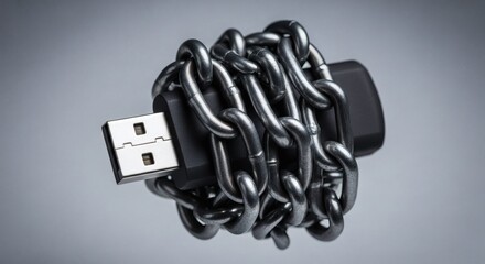 USB flash drive wrapped in a metal chain, symbolizing data security and digital protection. Concept of cybersecurity and privacy.