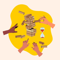Creative board game hobbies. Human arms actively playing a tabletop game. Game elements like dice, cards, and pawns. Fun social activity. Vector illustration