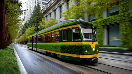 Obraz premium Tram moves smoothly along the track surrounded by lush greenery and modern architecture. Urban setting with a blend of nature and city life