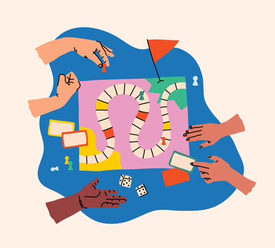 Creative board game hobbies. Human arms actively playing a tabletop game. Game elements like dice, cards, and pawns. Fun social activity. Vector illustration