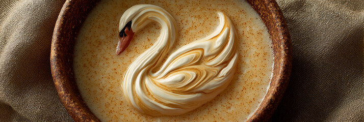 A top view of a swan shaped dessert in a brown bowl on a textured brown surface