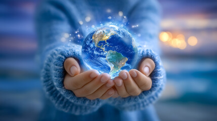 Hands cradle a luminous globe representing Earth, symbolizing hope and responsibility. Setting features soft blue tones and warm light, inspiring connection to nature