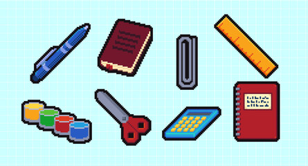 Abstract back to school supplies pixelated icons. Retro 8 bit pixel art icon set, university, education items