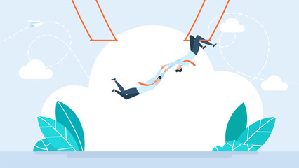 Businessman trapeze perform jump and catch by partner. Partnership and support to success in work. Trust, collaborate or cooperate teamwork. Business risk taking and challenges. Vector illustration