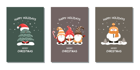 Set of winter greeting cards. A trendy minimalist design with funny Christmas gnomes, a snowman, and a Christmas tree. A vector template for a poster, banner, or holiday cover.