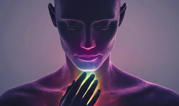 Throat chakra visualization showing healing process through gentle hand placement, balancing energy centers and promoting spiritual wellness