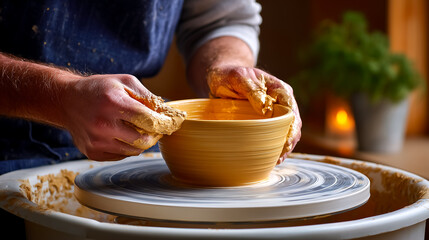 Craftsman skillfully shapes a clay bowl on a pottery wheel. Warm studio with soft lighting enhances the artistic atmosphere. Concept of craftsmanship, pottery, creative art