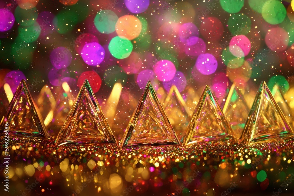 Poster shimmering glass prisms on colorful bokeh background with sparkles