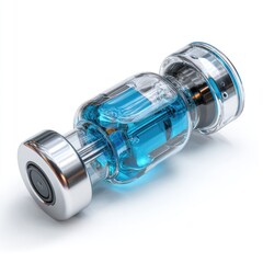 3D rendering of a medical vial.  Shiny, metallic, transparent