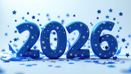 On a blue background there are blue numbers 2026 with confetti and stars