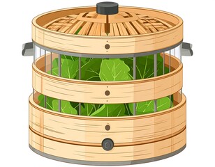 Multitiered bamboo steamer with green leafy vegetables inside featuring a wooden lid and a dark gray base ready for cooking healthy food