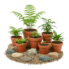 Obraz premium Isolated Potted Ferns and Plants on Rocks with Transparent Background