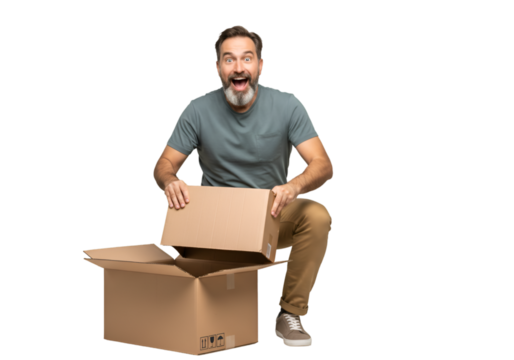 Photo of Excited Man Opening a Cardboard Box - Powered by Adobe
