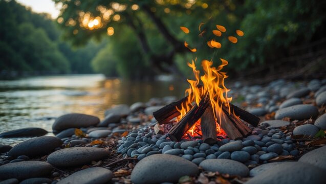 Campfire on rocky riverbank at sunset with trees in the background. Nature and outdoor activity, nighttime scene. The concept of camping and wilderness experience