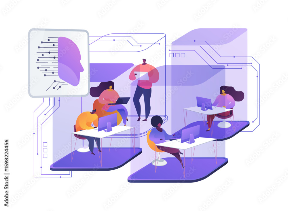 Poster virtual co-working spaces abstract concept vector illustration.