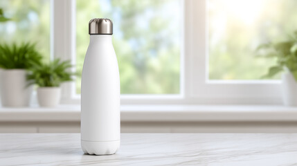 White insulated water bottle standing on sleek marble countertop. Bright sunny setting with plants in background. Concept of hydration, wellness, fitness lifestyle