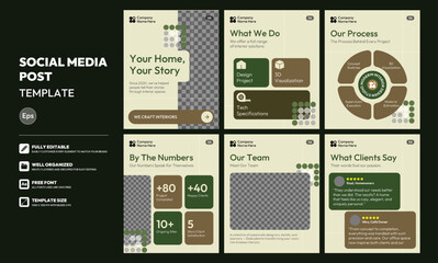 Social media carousel post template. Business Instagram and facebook square post template. Interior service company Social Post Banner Template, layout template design, beige, brown, green, modern