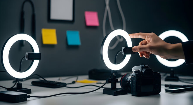 Modern Workspace Setup with Ring Lights for Content Creation And Professional Filming