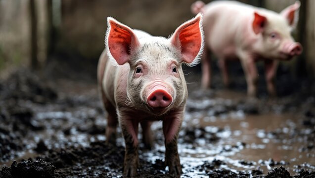 Healthy farm pigs in muddy ground, farm animal, livestock, pig farming or pig breeding.