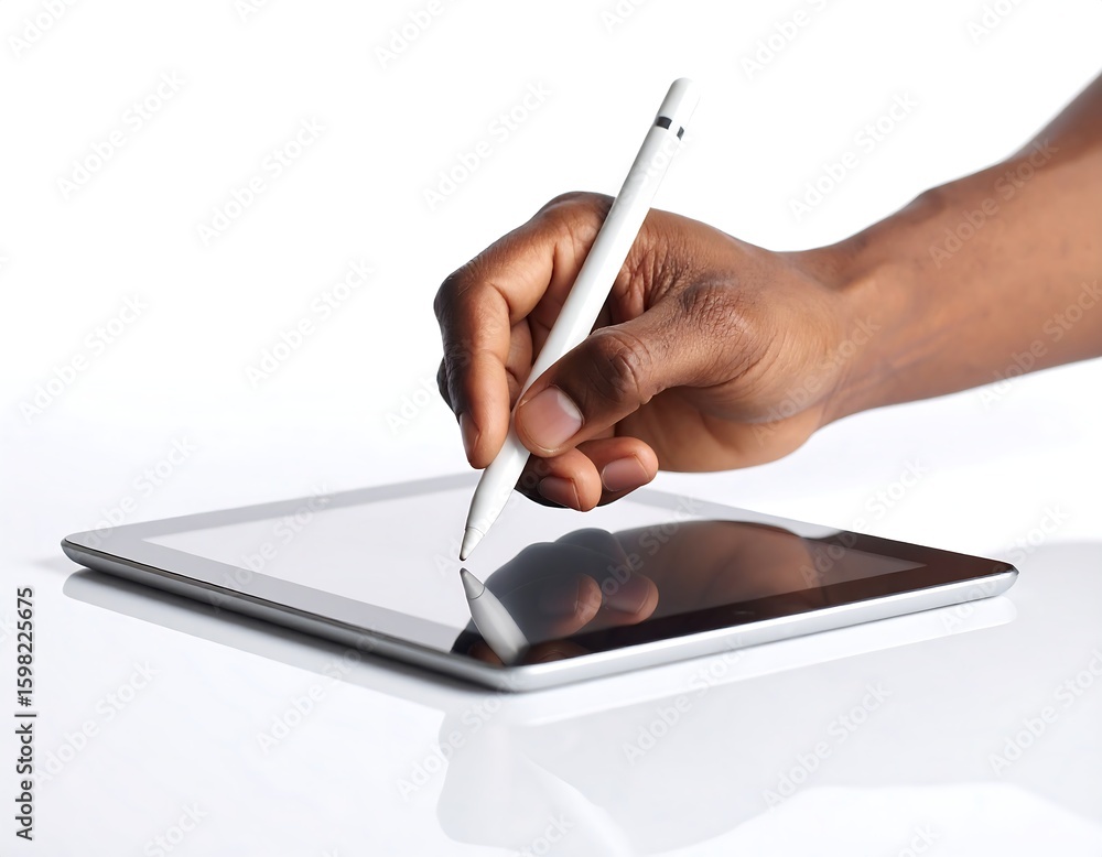 Fototapete closeup of a persons hand using a stylus to navigate a sleek modern tablet computer on a bright whit