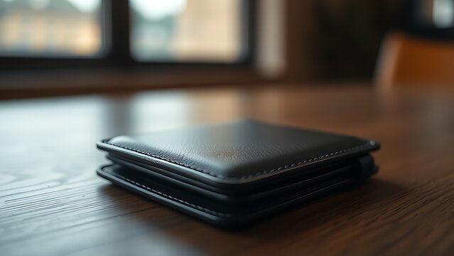 A sleek wallet lies on a wooden surface, highlighted by warm ambient lighting in a minimalist setting.