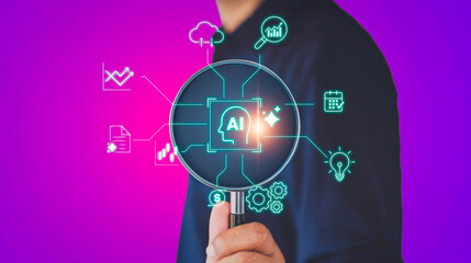 AI agent supporting business concept. automation processes technology. Generative artificial intelligence analyzing data and predicting future. Businessman focus on AI icon. Future virtual assistant