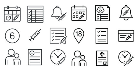 Vaccination outline icons set – linear, health, immunization symbols collection