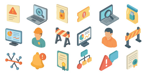 Cybersecurity isometric icons set – network, data protection, digital security symbols