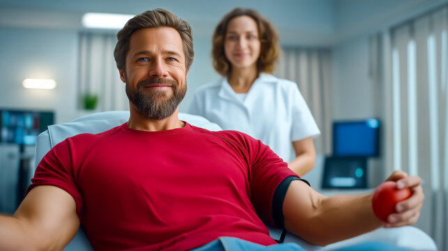 Man smiles warmly while donating blood in a modern hospital environment. Bright and clean space with medical equipment visible. Concept of health, wellness, community support