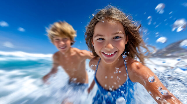 Children running through ocean waves, faces filled with joy. Bright blue sky and clear water create a vibrant summer atmosphere. Concept of family fun, beach activities, childhood memories