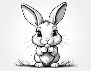 Fototapeta premium A charming black and white illustration of a cute baby bunny holding a small snack. Adorable hand-drawn rabbit character art.