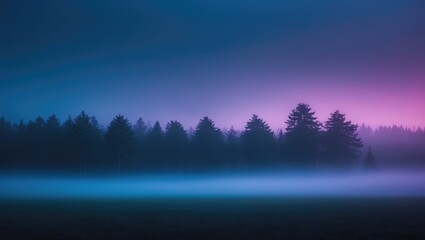 A serene landscape featuring a misty forest under a twilight sky with purple and blue hues.