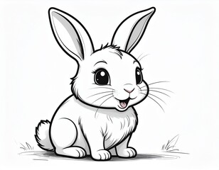 Fototapeta premium Cute cartoon bunny rabbit illustration. Black and white line art of a happy little animal, perfect for a children's coloring book.
