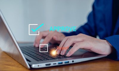 Approved, accept, pass inspection, Businessman writing or tick correct mark to approve document and project concept.